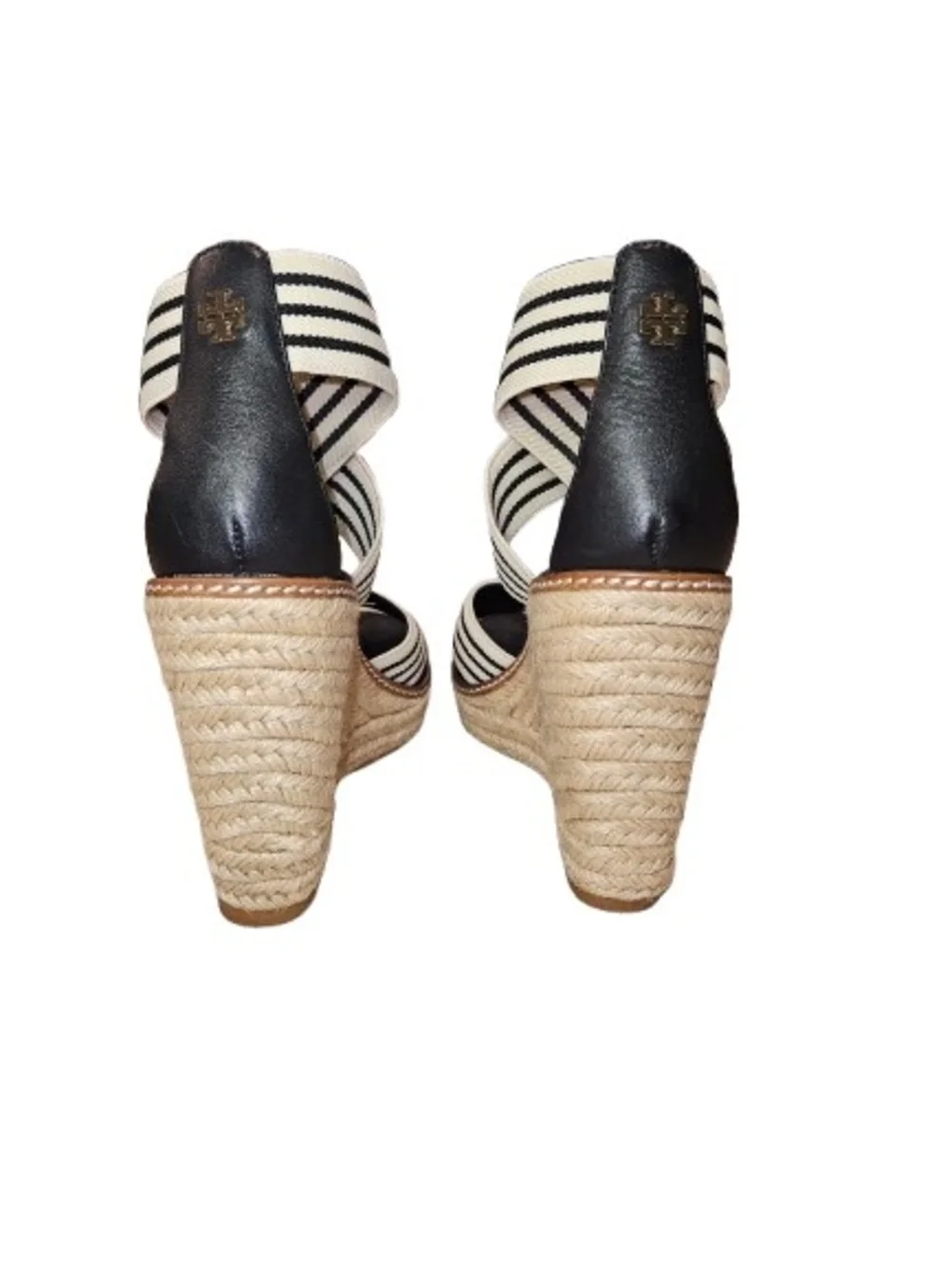 Tory Burch Frieda Espadrille Wedge Sandals Black White Striped Women's Size 7.5